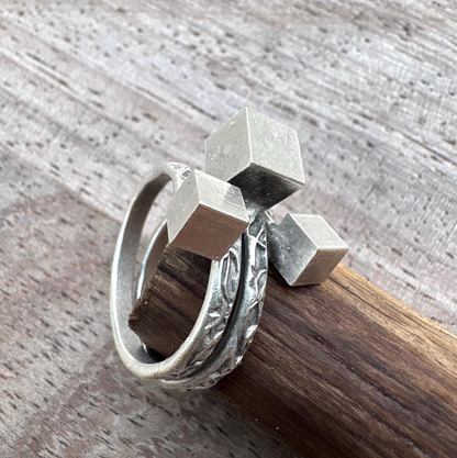Brutalist Silver Plated Modernist Ring • Adjustable Abstract Cube Ring • Geometric Statement Jewelry • Unique Gift for Her