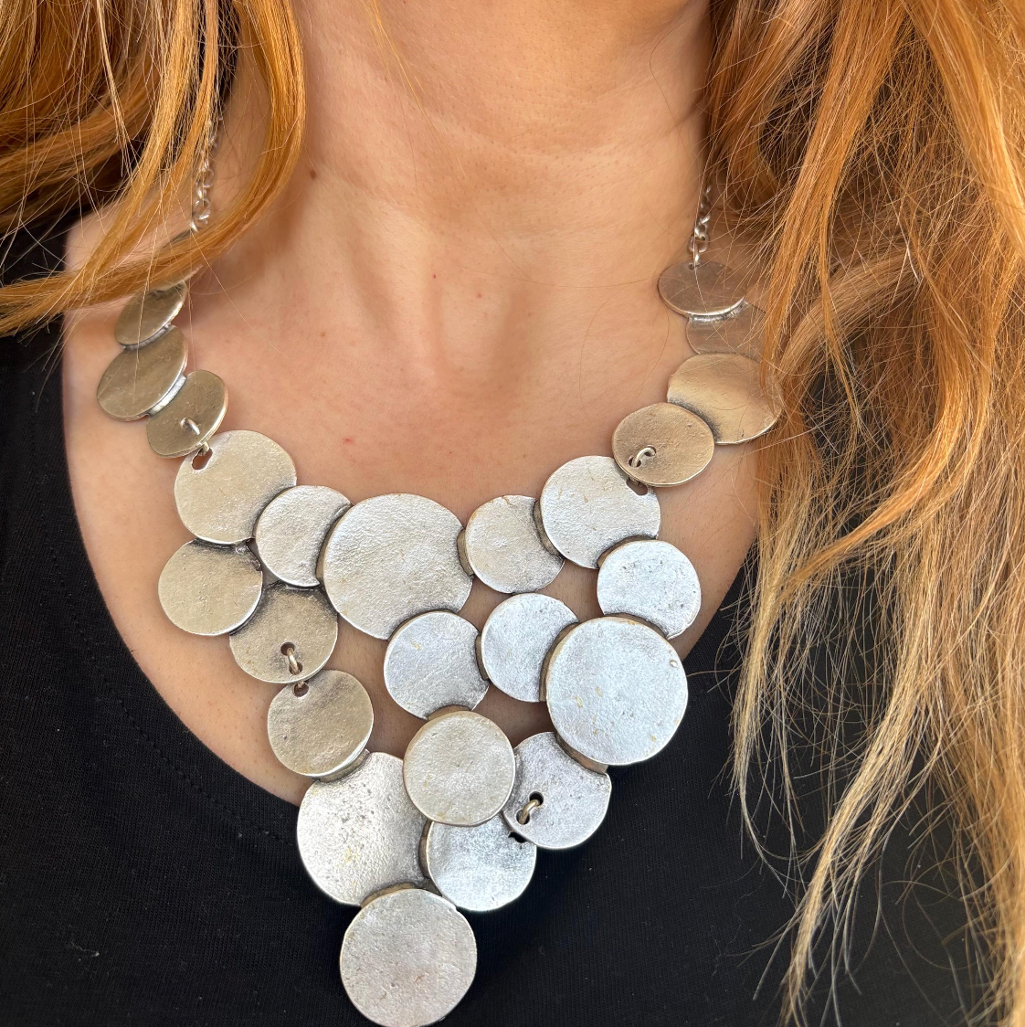 Brutalist Silver Plated Disc Necklace, Hammered Medallion Collar, Boho Bib Jewelry, Gift for Her