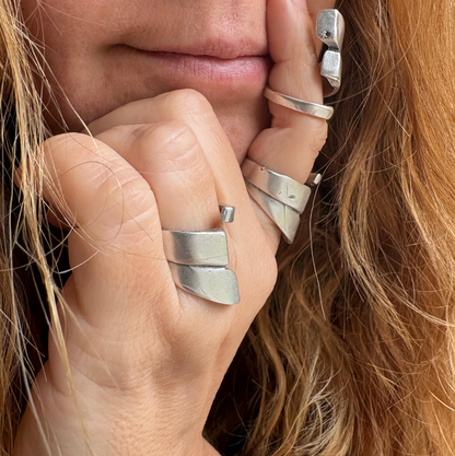 Adjustable Silver Plated Brass Ring, Bold Geometric Jewelry