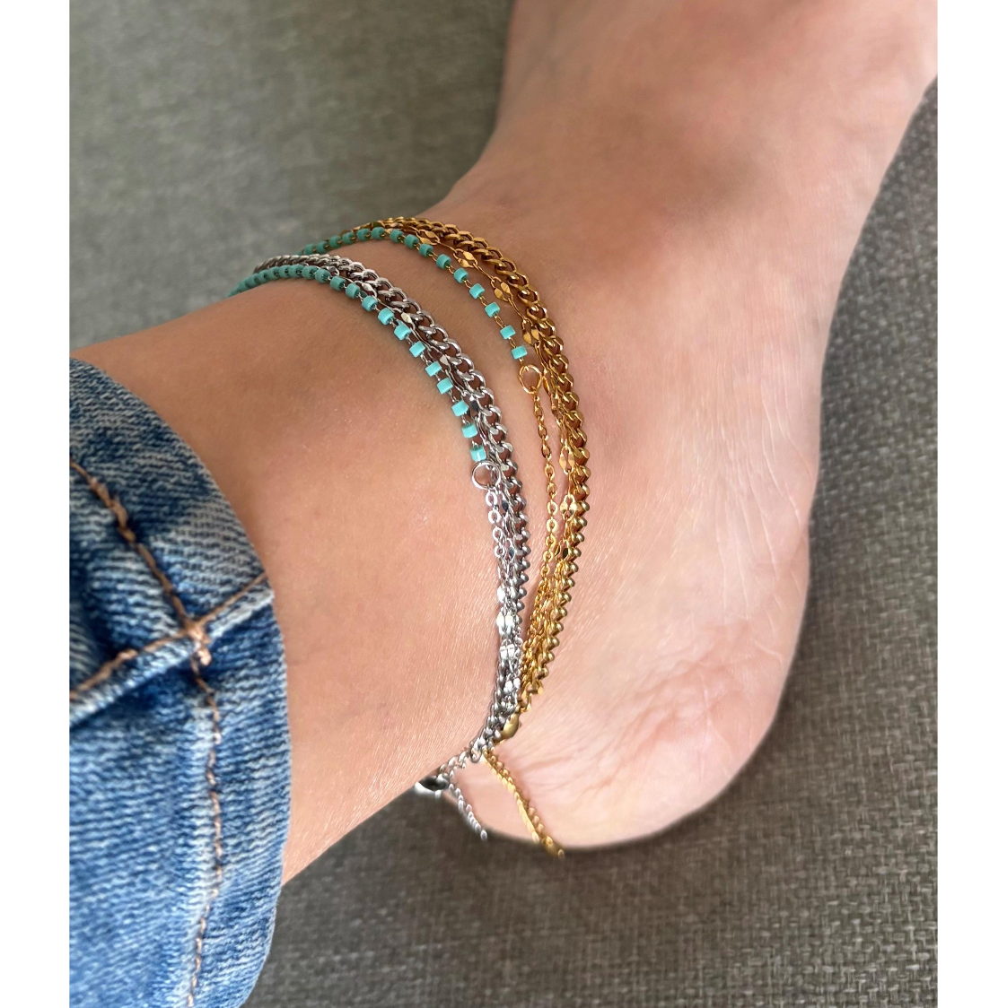 Layered Stainless Steel Anklet: Turquoise Beads, Adjustable Beach Jewelry