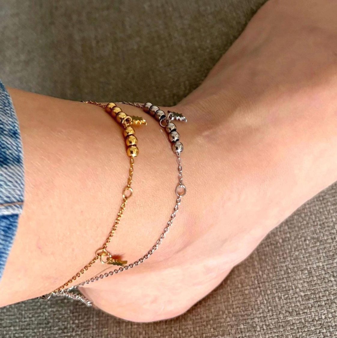Gold Sun Charm Anklet: Beaded Stainless Steel Ankle Bracelet