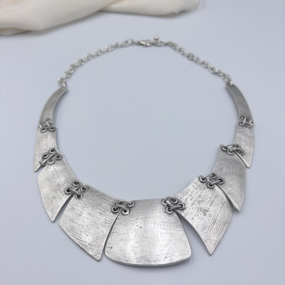 Boho Bib Necklace - Antique Silver Tone, Tribal Statement Jewelry
