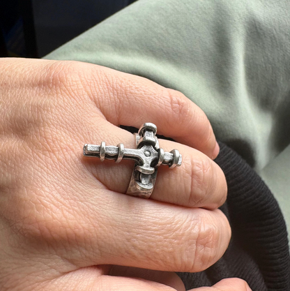 Adjustable Cross Ring, Silver Plated Brass, Gothic Brutalist Style, Unisex Ring