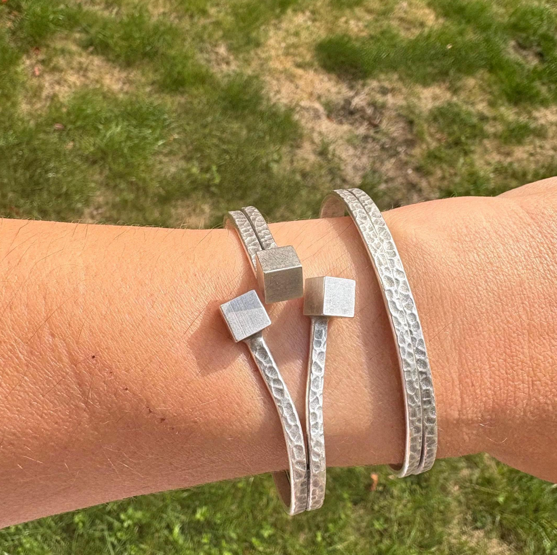 Rustic Silver Cuff Bracelet – Vintage Handmade Open Bangle with Cube Ends, Unisex Modern Jewellery