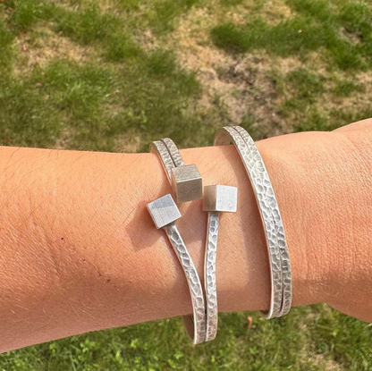 Rustic Silver Cuff Bracelet – Vintage Handmade Open Bangle with Cube Ends, Unisex Modern Jewellery