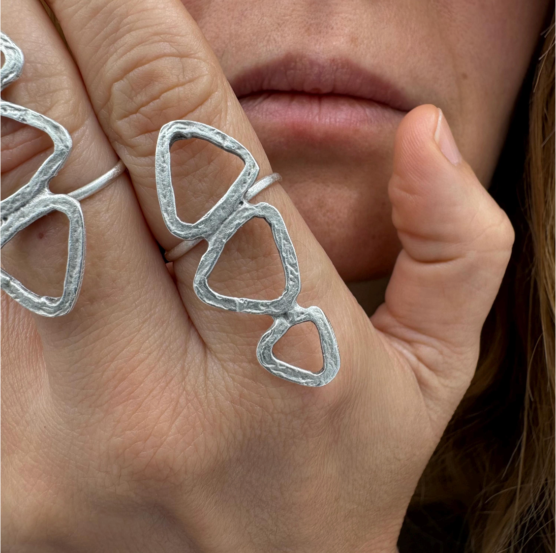 Abstract Geometric Brass Ring – Adjustable Open Band Ring, Lightweight, Nickel-Free Jewelry