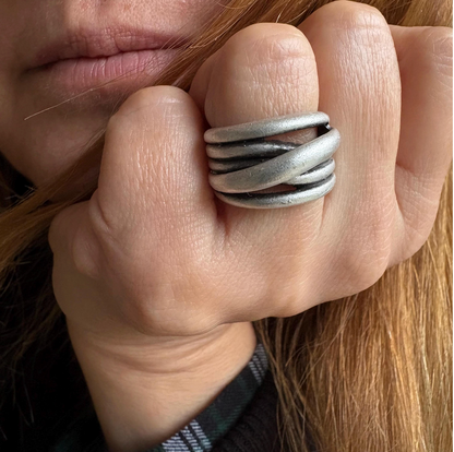 Hammered Silver Brutalist Ring, Adjustable Multi-Strand Wrap Band