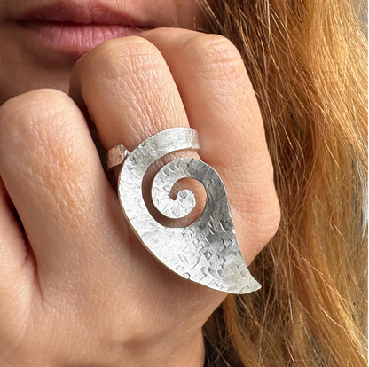 Hammered Silver Spiral Ring • Adjustable Artisan Statement Jewelry • Geometric Ring