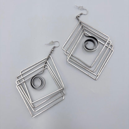 Brutalist Silver Plated Earrings, Geometric Dangle, Architectural Jewelry
