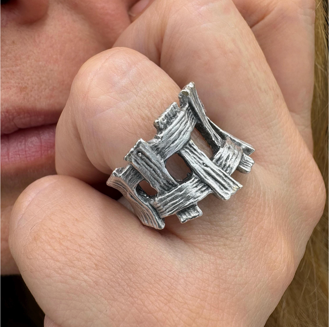 Brutalist Silver Plated Statement Ring • Adjustable Organic Jewelry