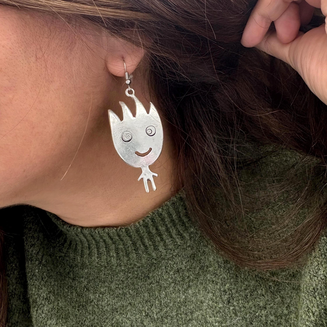 Vintage Silver Tone Smiling Boy and Girl Earrings | Whimsical Dangle Jewelry