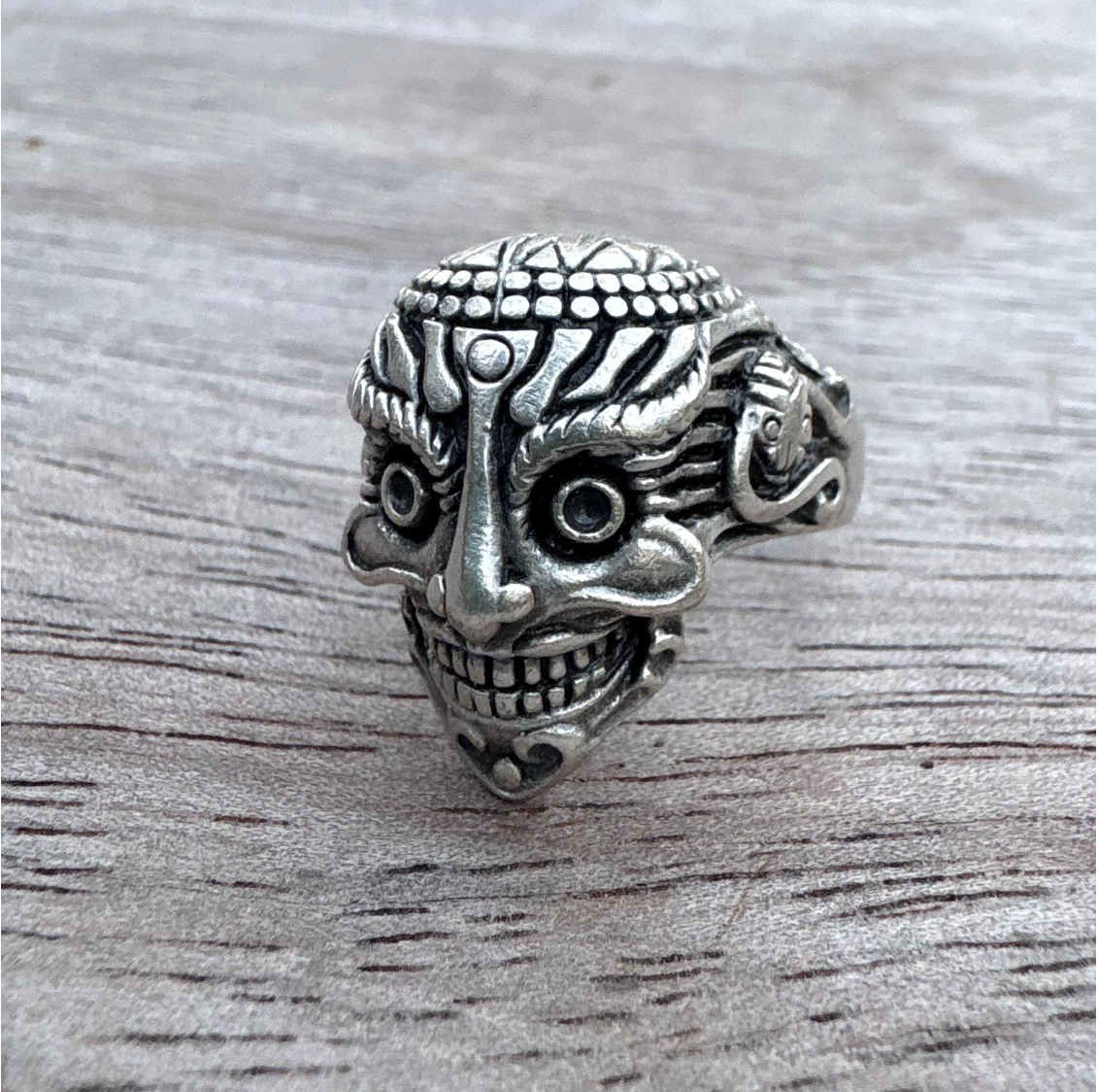 Gothic Mask Ring • Silver Plated Brass, Adjustable Boho Punk Band