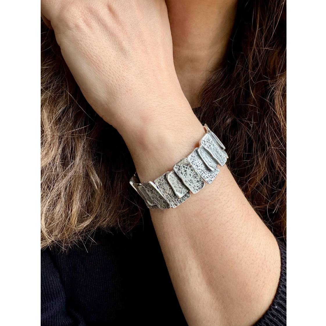 Hammered Silver Plated Stretch Bracelet, Chunky Rustic Link