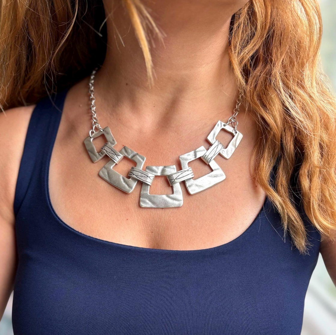 Matte Silver-plated Geometric Choker Necklace: Vintage-Modern Statement Jewellery, Gift for Her