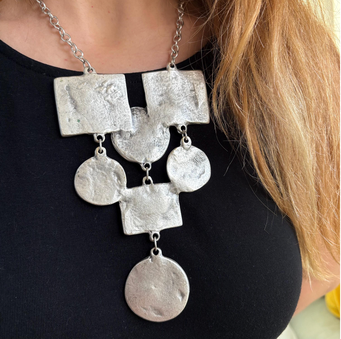 Hammered Silver-Plated Bib Necklace, Brutalist Southwestern Statement Collar