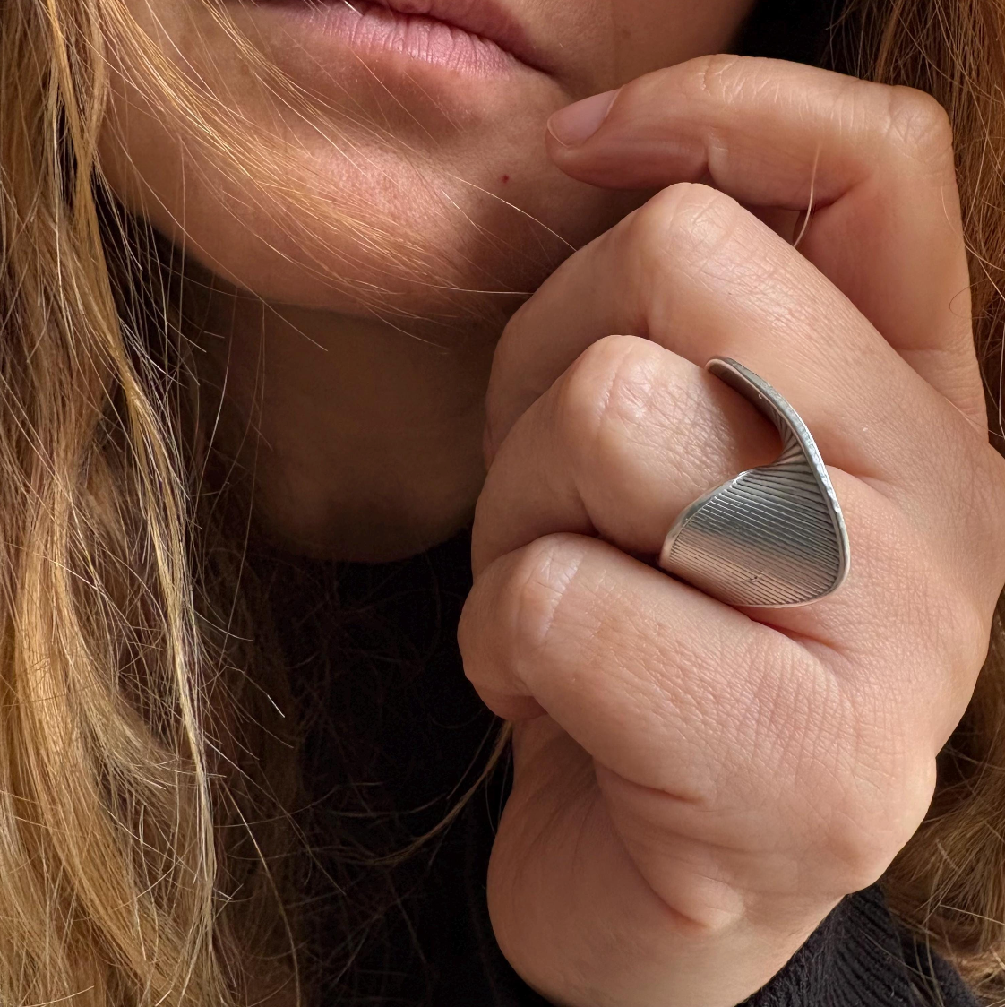 Silver Plated Brass Crossover Ring • Ribbed Geometric Adjustable Band