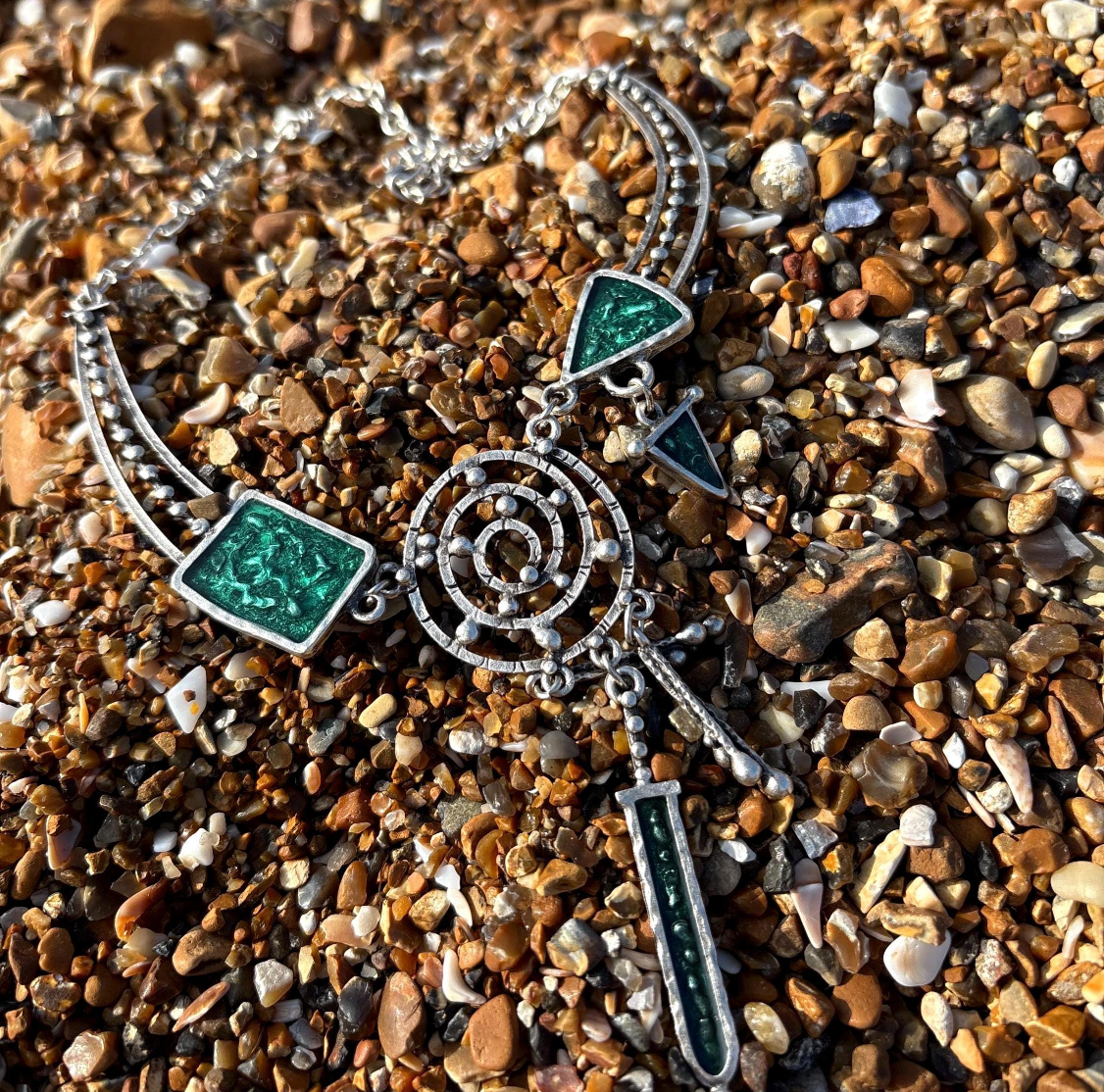 Silver Dreamcatcher Necklace, Green Enamel Boho Vintage Style Pendant, Christmas Gift for Her