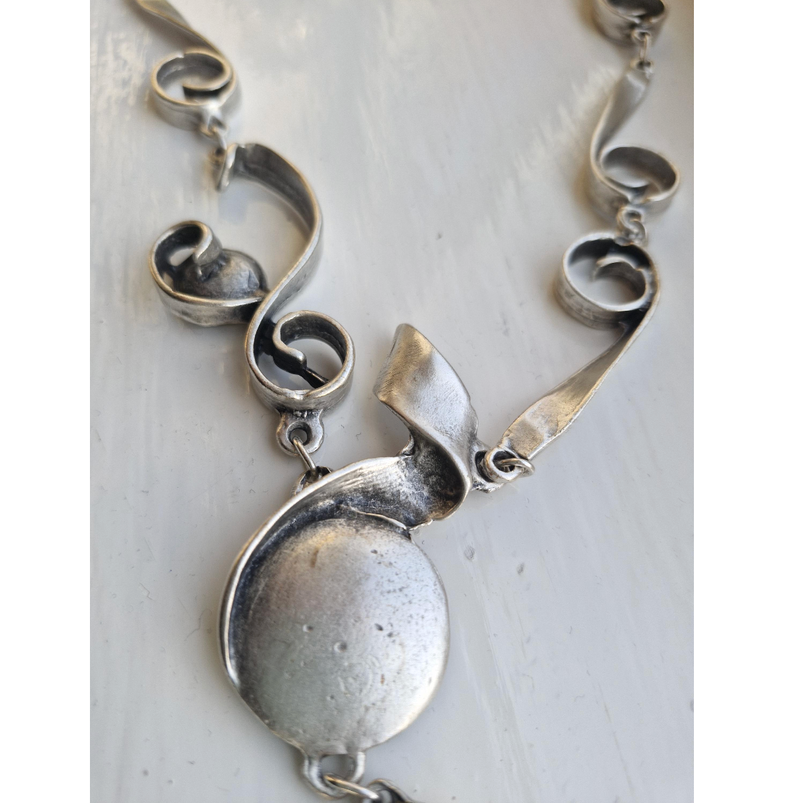Abstract Silver Statement Necklace, Brutalist Art Deco Swirl Pendant
