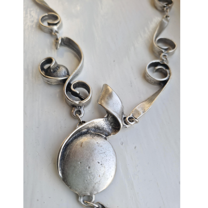 Abstract Silver Statement Necklace, Brutalist Art Deco Swirl Pendant