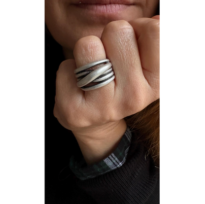 Hammered Silver Brutalist Ring, Adjustable Multi-Strand Wrap Band