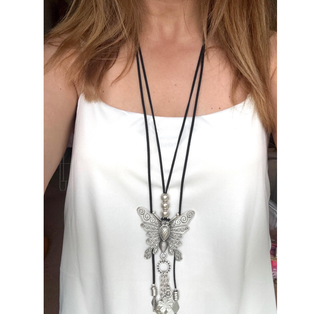 Butterfly Pendant Necklace | Boho Vintage-inspired necklace, Adjustable Long Cord Jewellery, Silver Plated Brass Jewelry