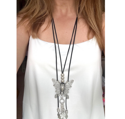 Butterfly Pendant Necklace | Boho Vintage-inspired necklace, Adjustable Long Cord Jewellery, Silver Plated Brass Jewelry