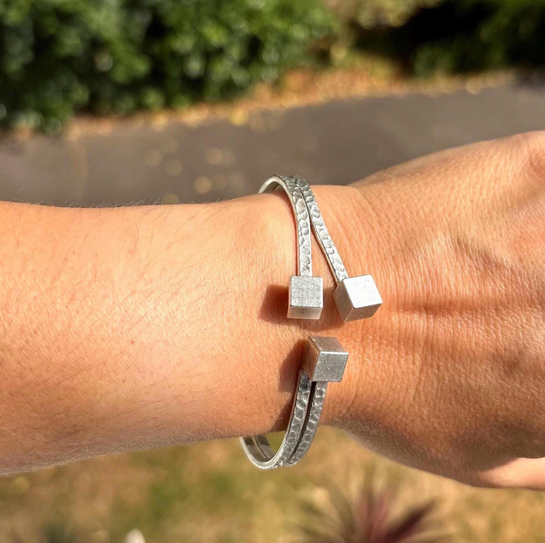 Rustic Silver Cuff Bracelet – Vintage Handmade Open Bangle with Cube Ends, Unisex Modern Jewellery