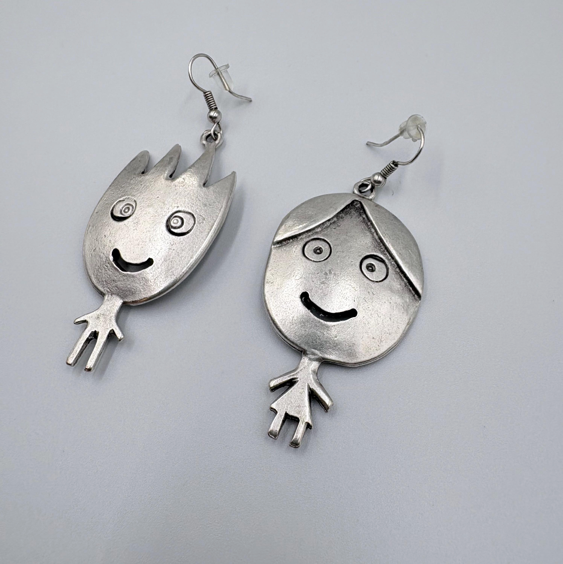 Vintage Silver Tone Smiling Boy and Girl Earrings | Whimsical Dangle Jewelry