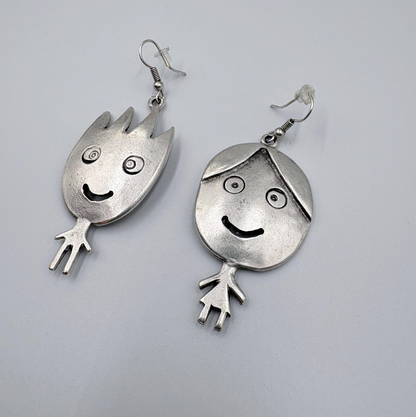 Vintage Silver Tone Smiling Boy and Girl Earrings | Whimsical Dangle Jewelry