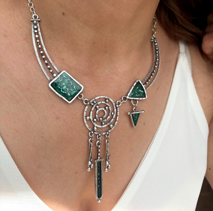 Silver Dreamcatcher Necklace, Green Enamel Boho Vintage Style Pendant, Christmas Gift for Her