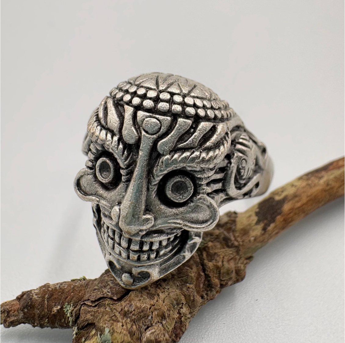 Gothic Mask Ring • Silver Plated Brass, Adjustable Boho Punk Band