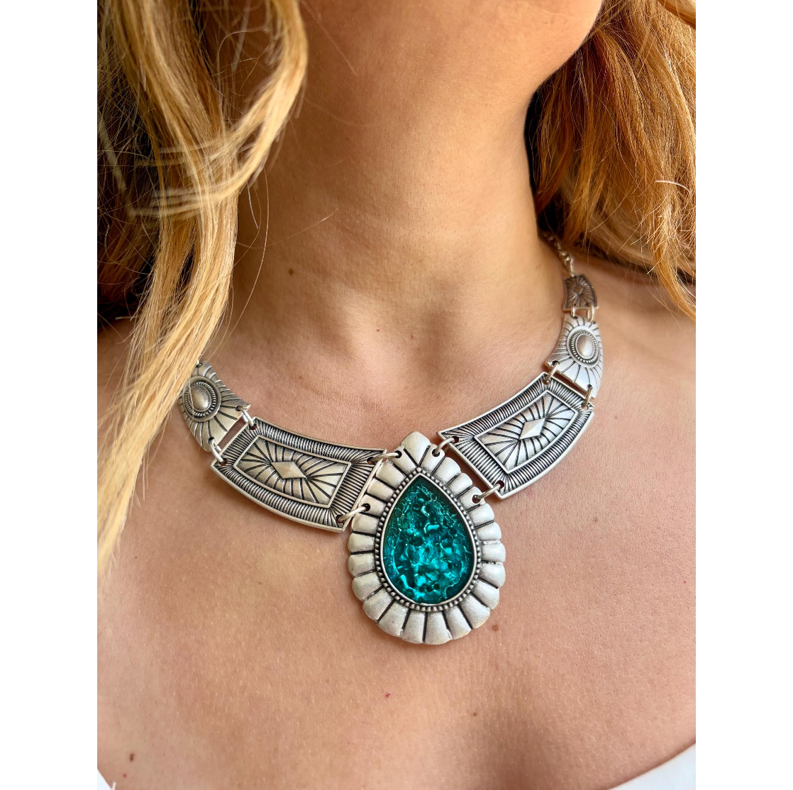 Bohemian Statement Necklace : Chunky Geometric Blue Enamel Festival Jewelry,  Silver Cord Necklace for her