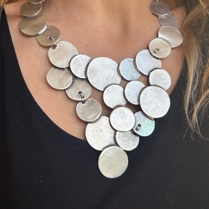 Brutalist Silver Plated Disc Necklace, Hammered Medallion Collar, Boho Bib Jewelry, Gift for Her