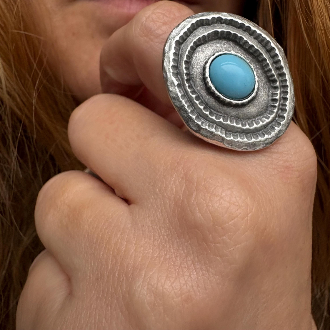 Turquoise Statement Ring, Silver Plated Brass, Adjustable Boho Jewelry