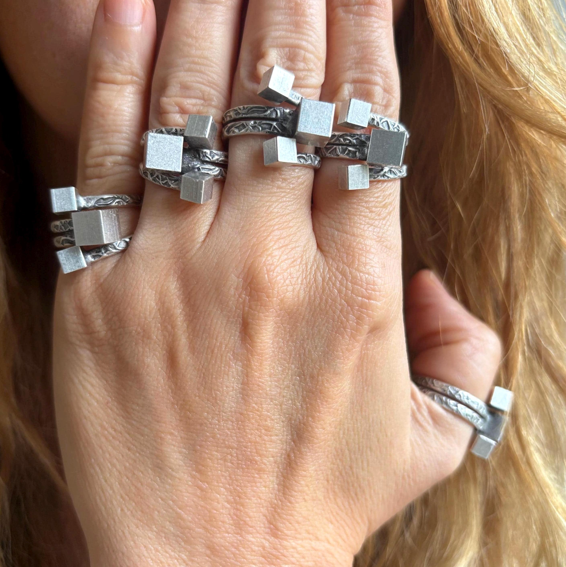 Brutalist Silver Plated Modernist Ring • Adjustable Abstract Cube Ring • Geometric Statement Jewelry • Unique Gift for Her