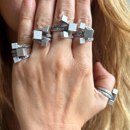 Brutalist Silver Plated Modernist Ring • Adjustable Abstract Cube Ring • Geometric Statement Jewelry • Unique Gift for Her