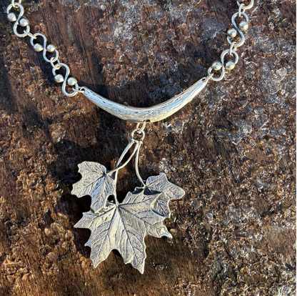 Silver Maple Leaf Necklace, Rustic Boho Pendant, Woodland Jewelry