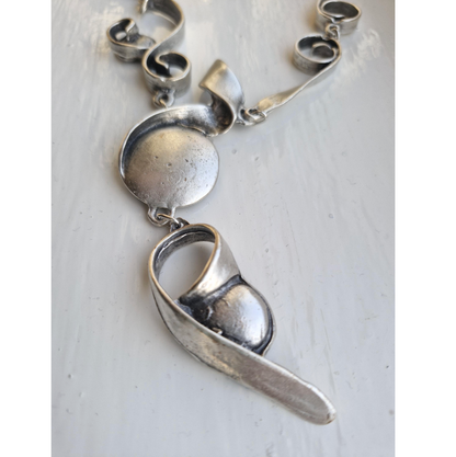 Abstract Silver Statement Necklace, Brutalist Art Deco Swirl Pendant