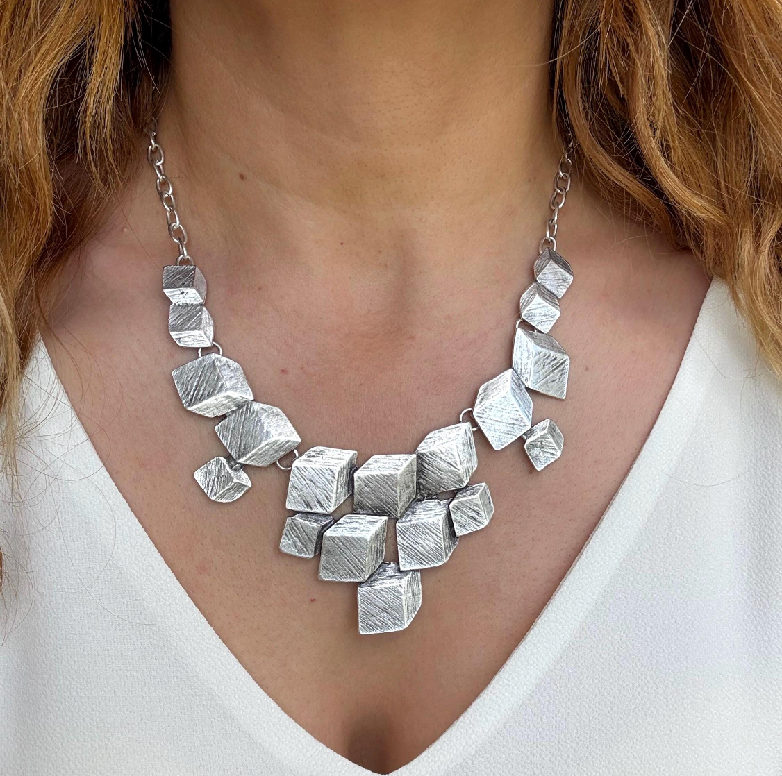 Artisan Chunky Geometric Matte Silver Bib Necklace with Sculptural Textured Design