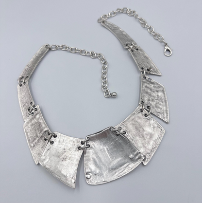 Boho Bib Necklace - Antique Silver Tone, Tribal Statement Jewelry