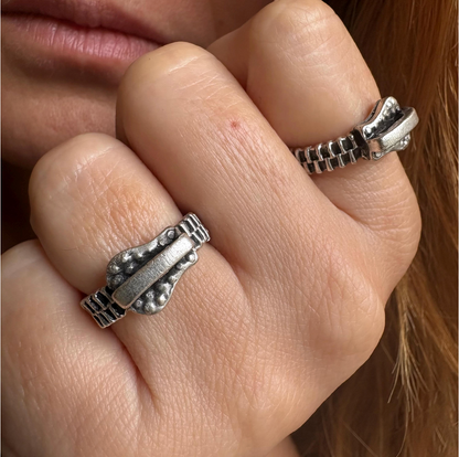Antique Silver Zipper Ring • Industrial Steampunk Adjustable Band