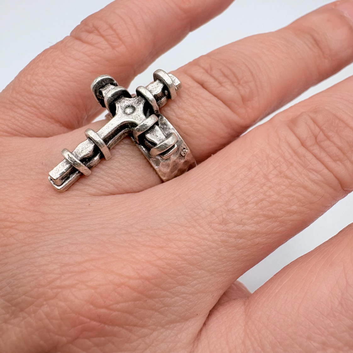 Adjustable Cross Ring, Silver Plated Brass, Gothic Brutalist Style, Unisex Ring