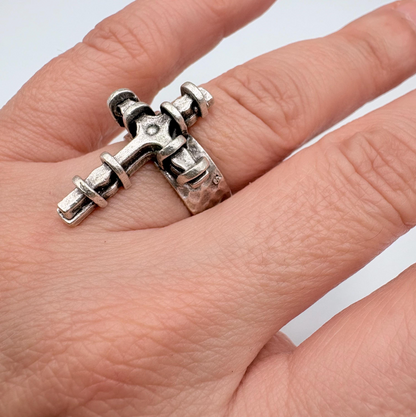 Adjustable Cross Ring, Silver Plated Brass, Gothic Brutalist Style, Unisex Ring