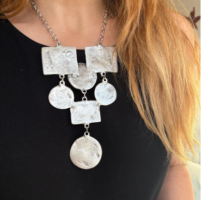 Hammered Silver-Plated Bib Necklace, Brutalist Southwestern Statement Collar