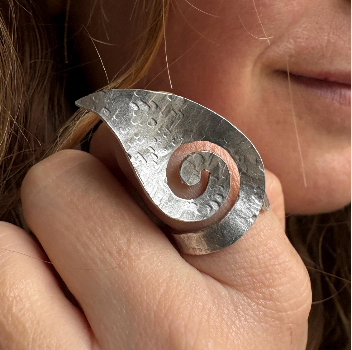 Hammered Silver Spiral Ring • Adjustable Artisan Statement Jewelry • Geometric Ring