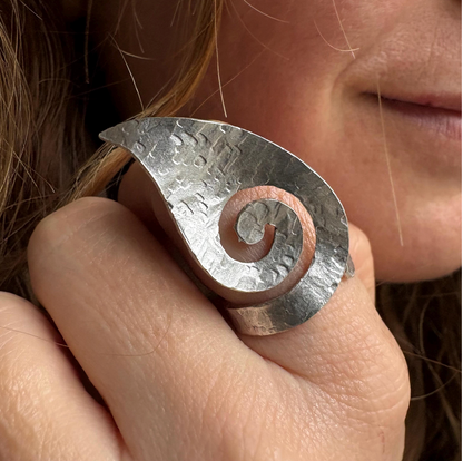 Hammered Silver Spiral Ring • Adjustable Artisan Statement Jewelry • Geometric Ring
