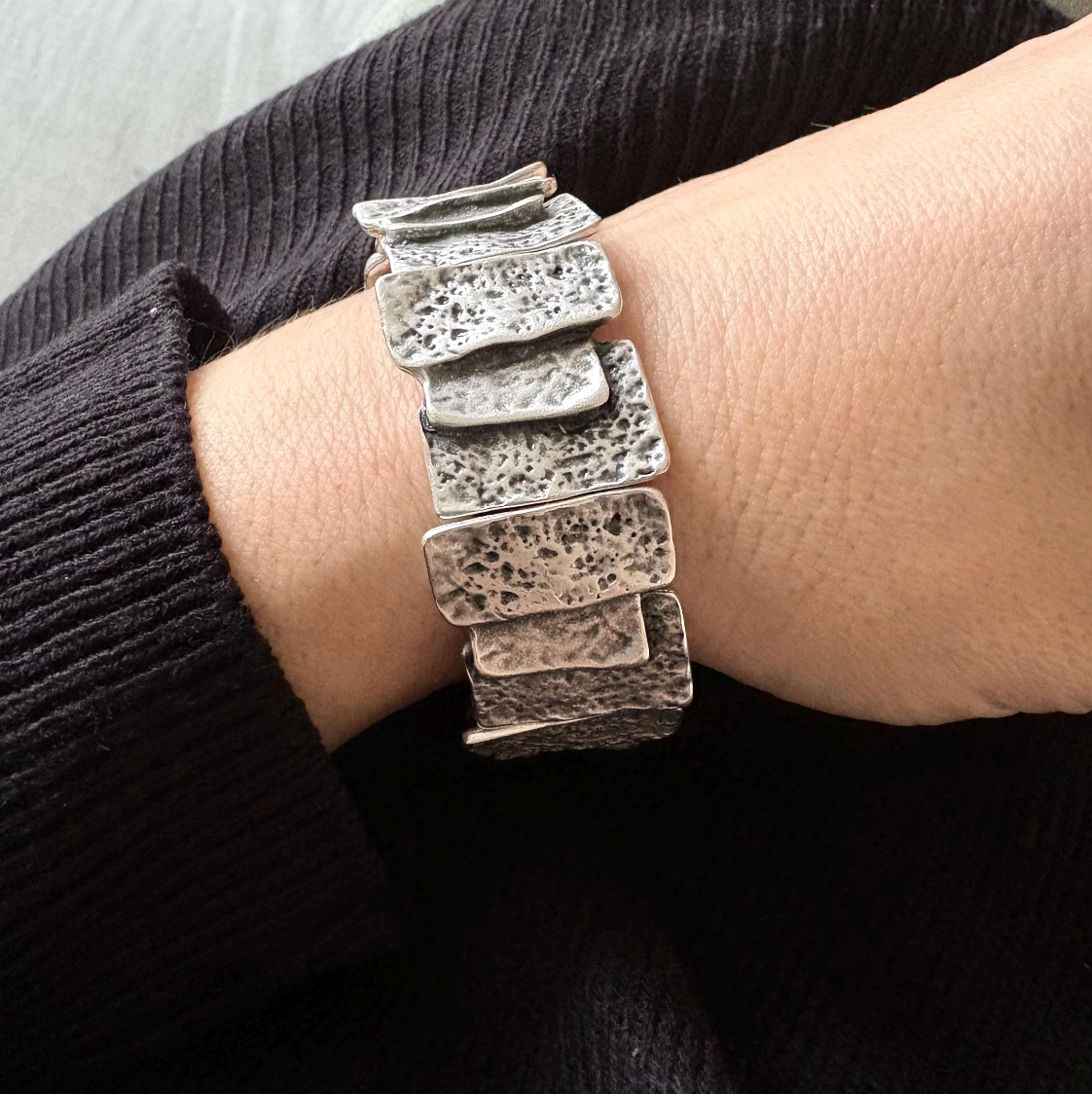 Hammered Silver Plated Stretch Bracelet, Chunky Rustic Link