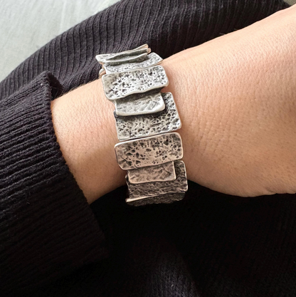 Hammered Silver Plated Stretch Bracelet, Chunky Rustic Link