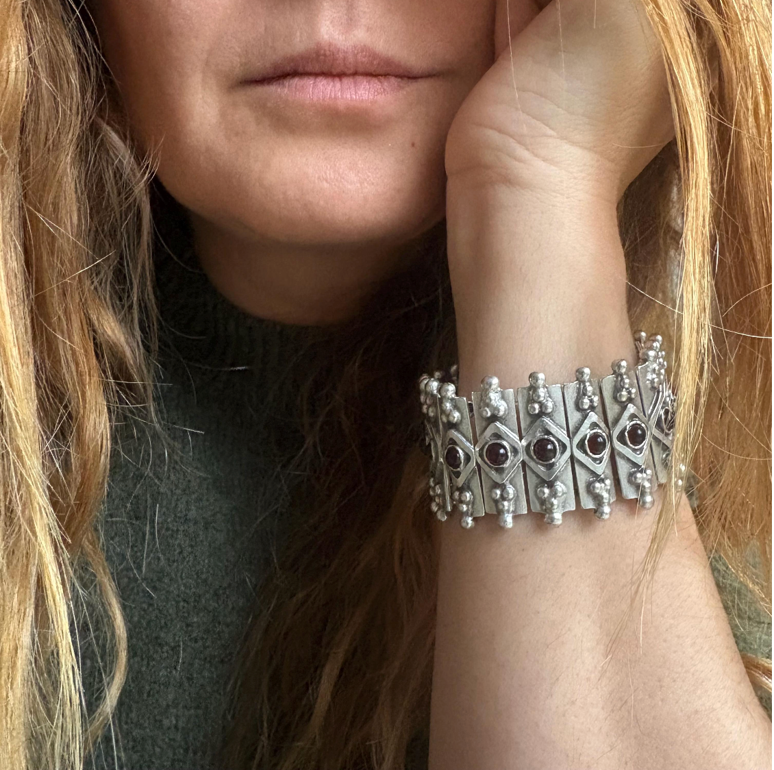 Bohemian Garnet Panel Bracelet, Silver Plated Brutalist Cuff, Gift For Her