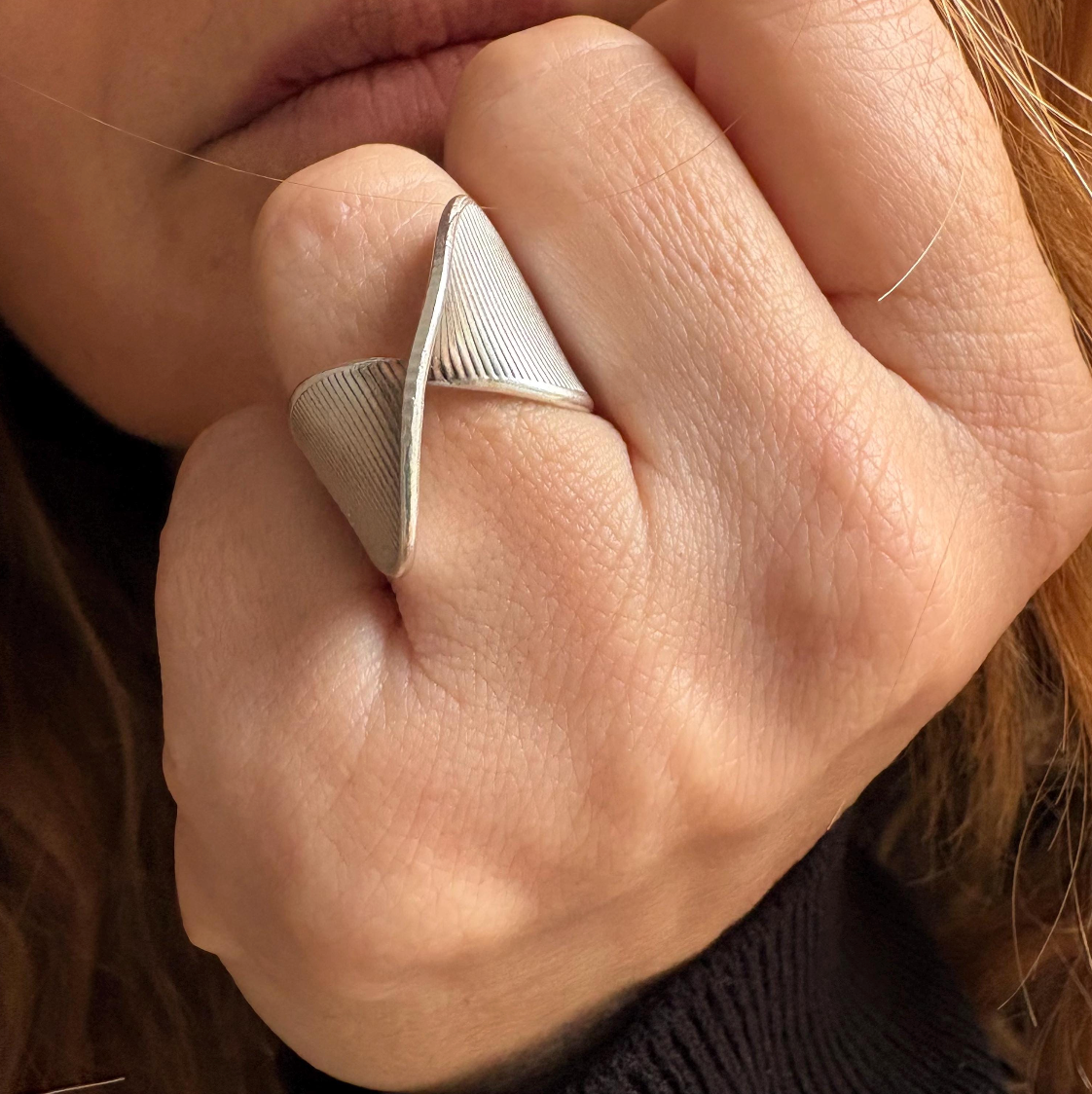 Silver Plated Brass Crossover Ring • Ribbed Geometric Adjustable Band